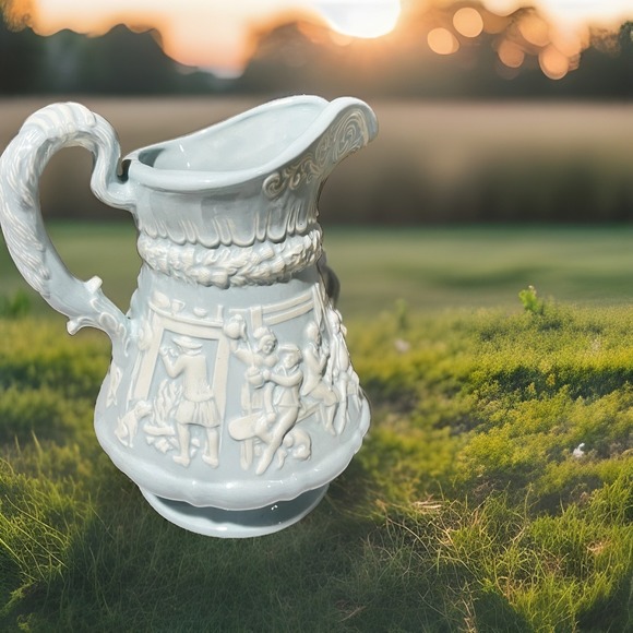Ridgeway Staffordshire Other - Antique Ridgway Staffordshire Tam O Shanter Lg Pitcher Jug Relief Light Blue 10"